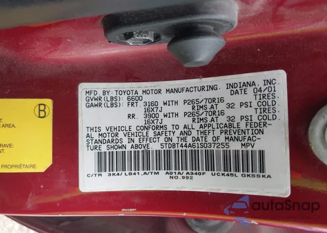 2001 Toyota Sequoia Sr5 V8 из США, поврежденный, VIN 5TDBT44A61S037255